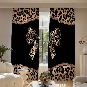 2pcs Creative Leopard Bow Lace Patchwork Print Curtains, Blackout Blinds, Polyester Fiber, Kitchen Bedroom Office Living Room Decor