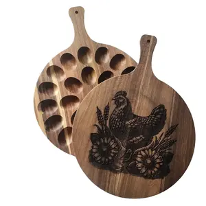 Round Acacia laser etched Deviled Egg Board, 24 eggs, Platter, Cutting Board, Tray, Chicken with flowers