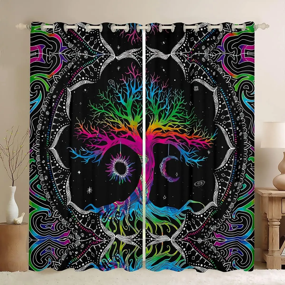 Feelyou Colorful Tree Sun Moon Blackout Velvet Decorative Curtains - Bohemian Psychedelic Hippie Style, Multi-Size Darkening Drapes for Bedroom Window Treatments, Bold Pattern, Abstract Art, Art Style Curtains, Colorful Curtains