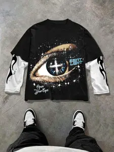 Men's Long Sleeve Lightning Print Shirt, Casual Fake Two-Piece Design, Fitted Comfortable Cotton Top for Daily Wear, Trendy Fashion Streetwear Graphic Tee, Menswear