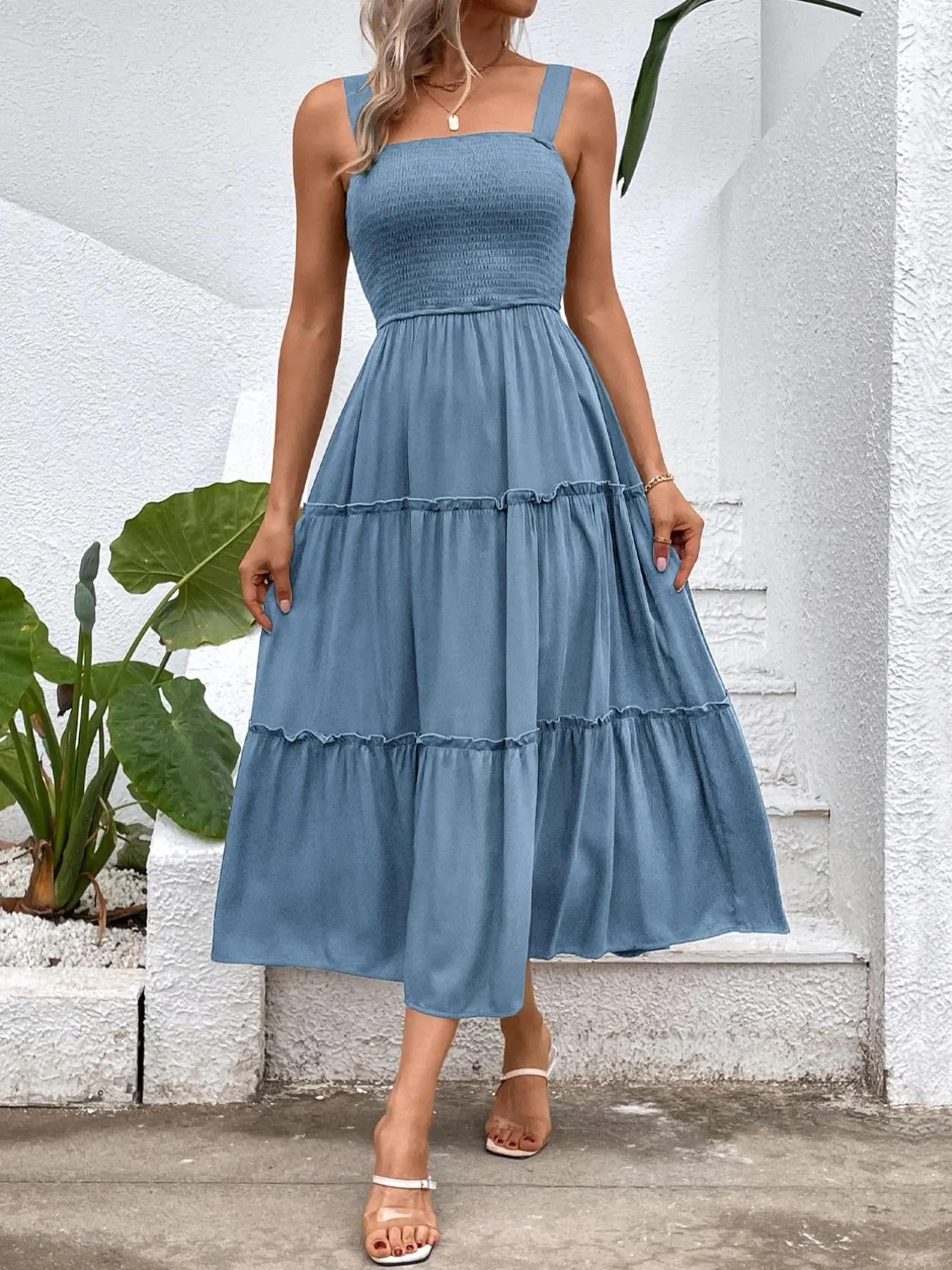 Women's Frill Trim Ruffle Hem Shirred Backless Fitted Sundress Cami Dress, Sleeveless A Line Long Dress, Women's Frill Trim Ruffle Hem Shirred Backless Fitted Sundress Cami Dress, Sleeveless A Line Long Dress,