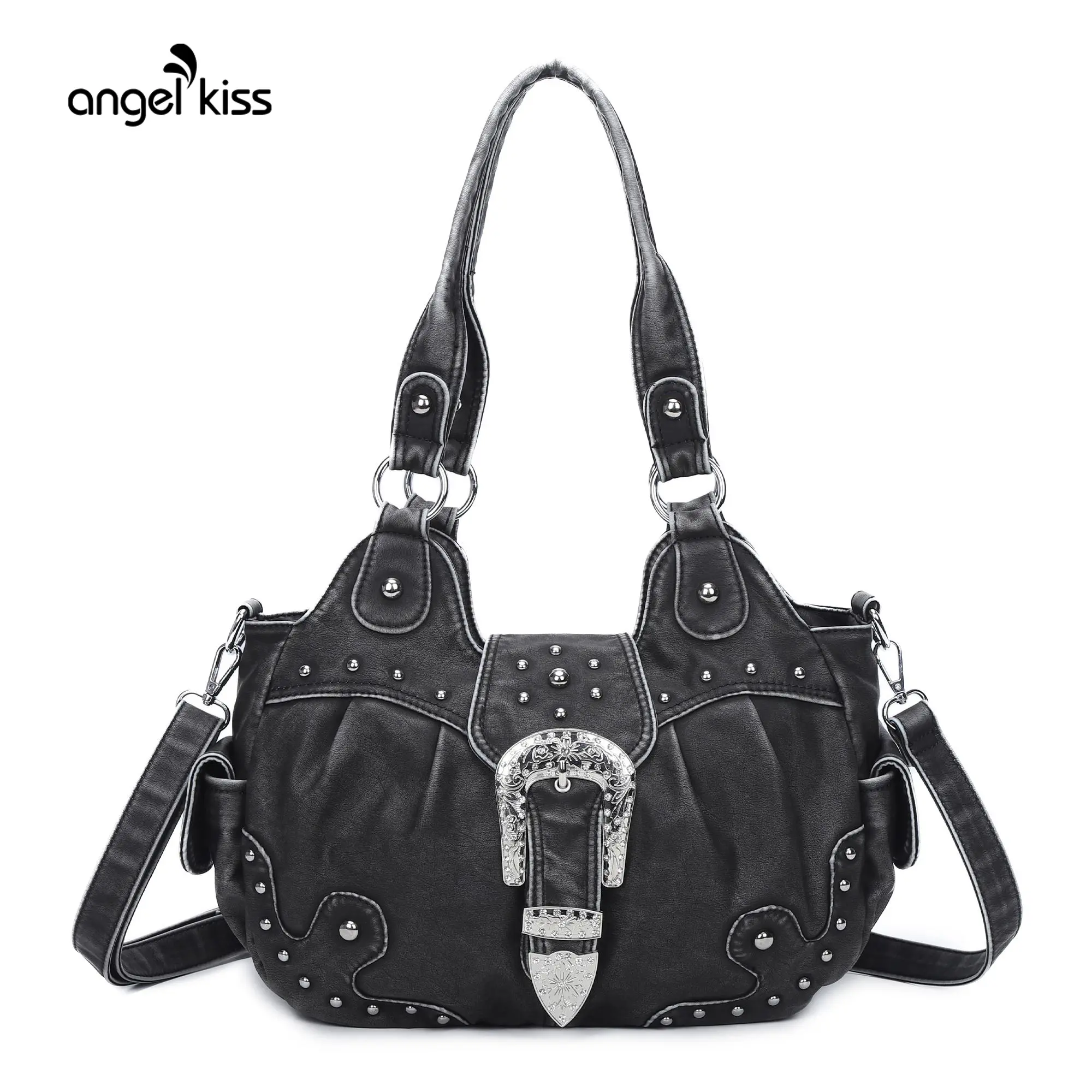 Angel Kiss Bag for Women(14.5" x 5.8" x 8.6") Handcrafted Vegan Leather Hobo Handbag with Metal Studs, Colorblock Multi-Compartment Purse, Womens Gifts, Handcrafted Bag, Casual Handbag Satchel, Cosmetic, Zipper, Everyday Bag