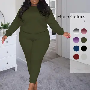 Plus Size Two Piece Outfits For Women Casual Round Neck Jogging Sets Long Sleeve Tracksuit With Pockets(2 sets for fs) Jogger Shorts Clothing vacation sets