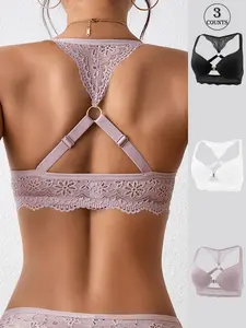 Women's Solid Color Lace Buckle Back Bralette, Breathable Comfortable U-shaped Back Bra, Supportive Bra, Lingerie for All Seasons