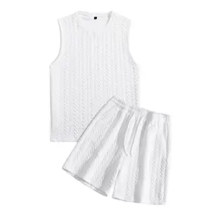Men’s summer solid white cable-knit sleeveless vest with embossed texture paired with knee-length shorts — a loose, comfortable, breathable casual athletic set that is trendy and versatile summervibes