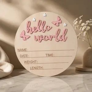 Hello World Baby Announcement Board Wooden Newborn Name Sign Photography Prop Baby Keepsake Unisex Nursery Decor Baby Shower Easter Gift Newborn Arrival Plaque