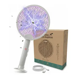 Foldable Electric Fly Swatter Racket,Handheld Bug Zapper Racket Insect Killer Mosquito 2 in 1 Smart Bug Zapper with USB Rechargeable Base with 3-layer Mesh USB Cable for Indoor and Outdoor