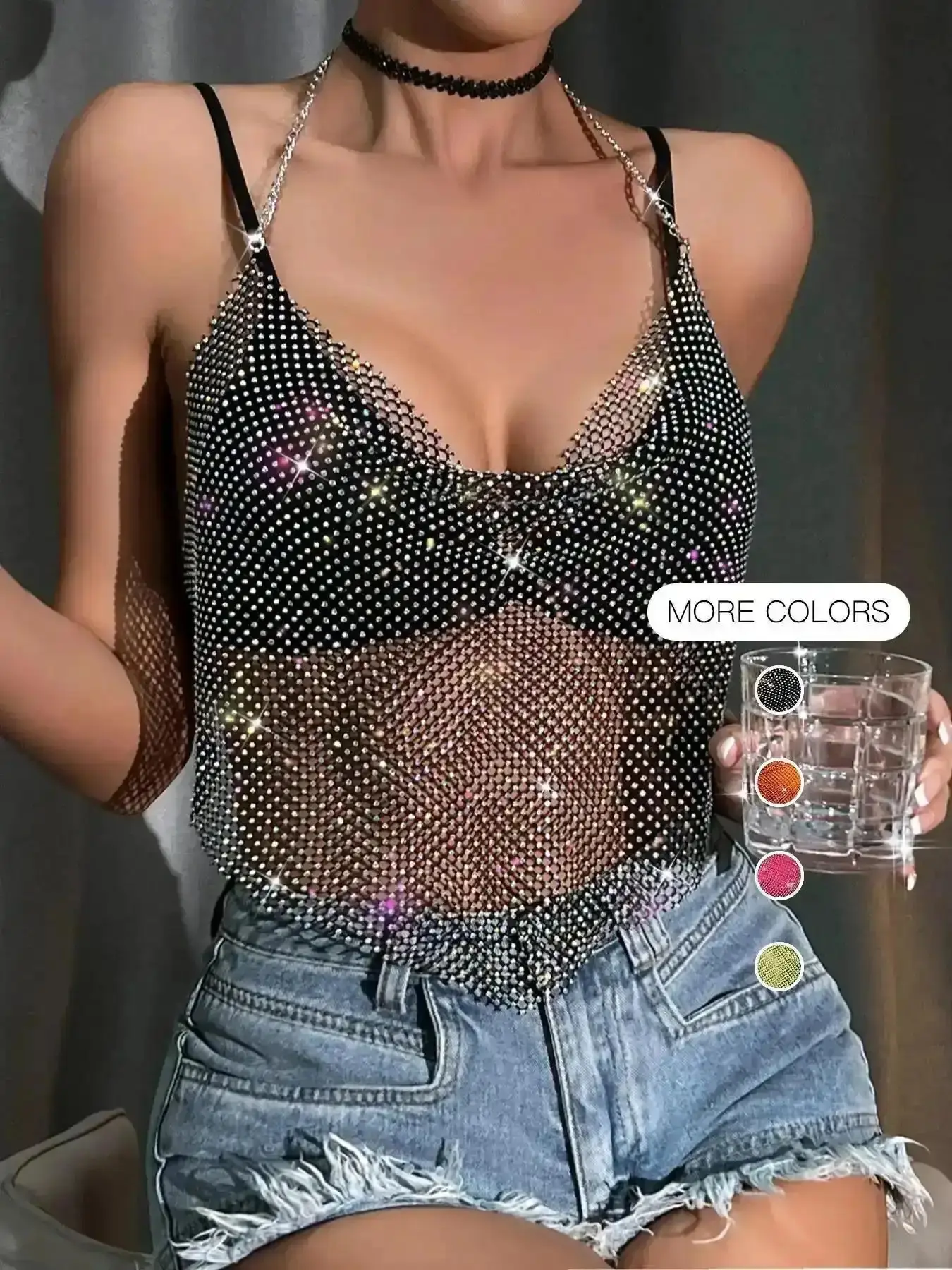 2026 Women's Rhinestone Decor Chain Backless Crop Halter Top, Street Fashion Draped Sheer Tie Back Top for Daily Holiday Vacation Outdoor Wear, Ladies Clothes for Summer, Must Have Item, Easy Styling, Daily Essential