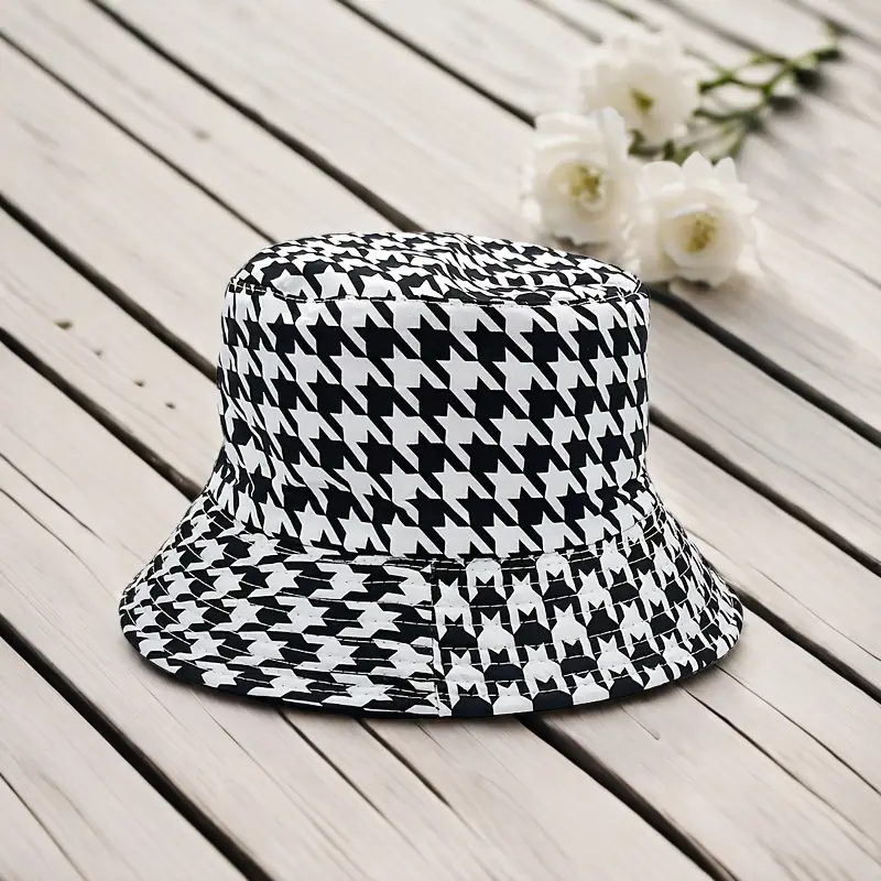 Unisex Fitted Size Lightweight Houndstooth Bucket Hat - Casual Wear Sun Protection Cap, Fashionable, Machine Washable, White