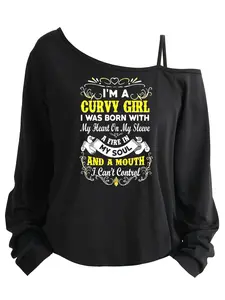 Plus Size Women's Loose-Fit Long Sleeve Cami Top, Asymmetrical Neckline, Letter Print, All Seasons, Sizes 1-8xl