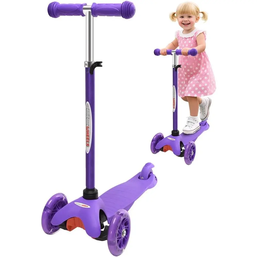 Mini Scooter for Toddlers, Deluxe 3-Wheeled Scooters for Kids, 4 Adjustable Height Glider with Kick Scooters, Lean-to-Steer with LED Light-Up for Ages 3-6 Girls Boys