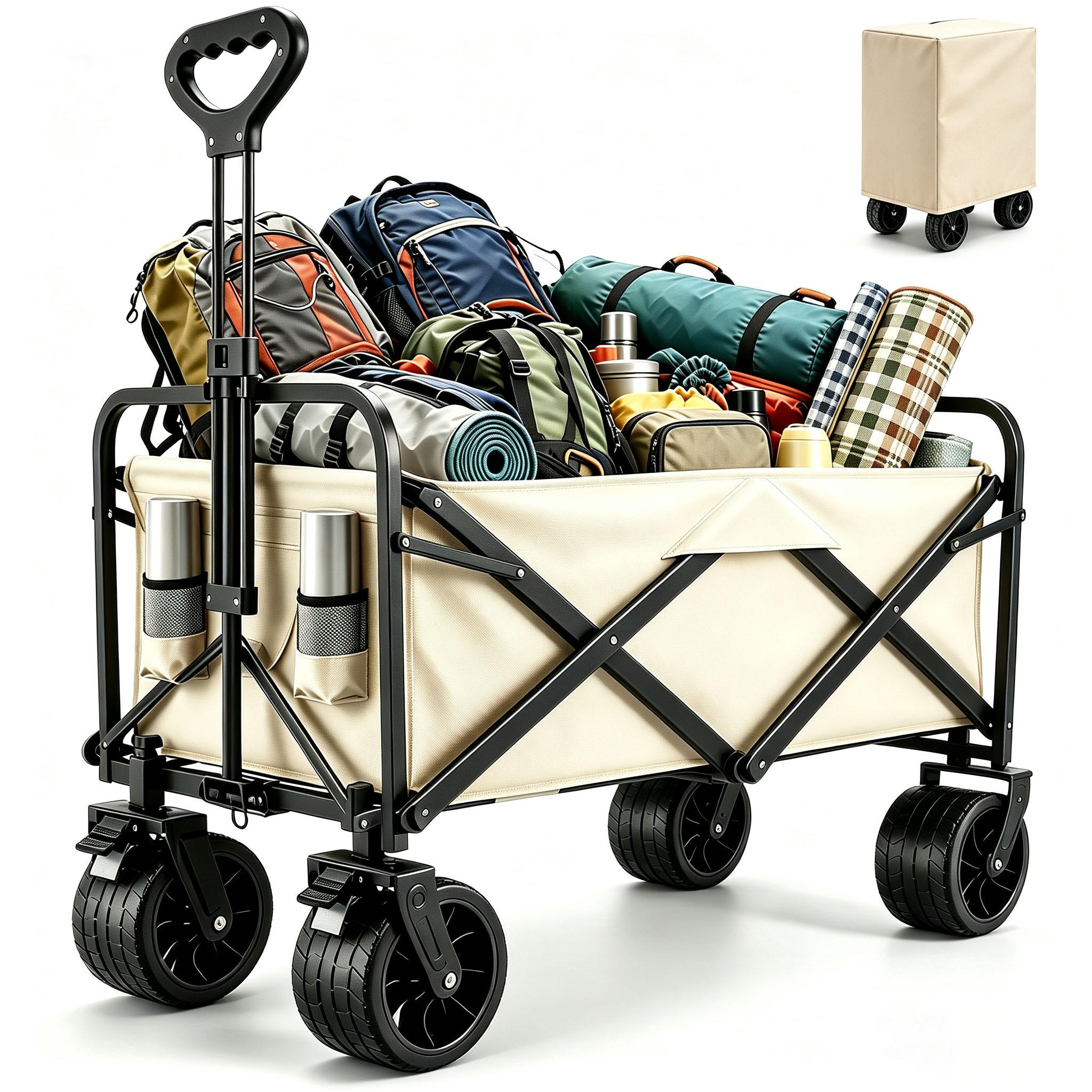 Heavy Duty Collapsible Fold Utility Wagon Cart, 440LBS All-Terrain Trolley with Brake System, Cup Holders, Adjustable Handle, College Dorm Shopping Hauler for Outdoor Camping, Yard Work