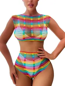 FasiCat Womens Mesh Lingerie Fishnet Babydoll Mini Dress Bodysuit See Through Shirts Long Sleeves Lingerie Bodysuit Cover Up (rainbow1105)