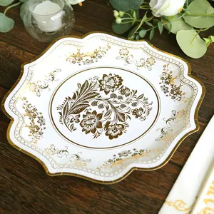 25-Pack Paper Dinner Plates 10" White Gold Damask Floral Print & Scallop Rim - 300GSM Disposable Floral Party Plates
