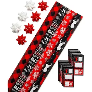 Christmas Wrapping Paper, Red and Black Buffalo Plaid Holiday Gift Wrap Set (120 sq.ft., 4 rolls-30 in. x 12 ft., 7 Adhesive Bows, 30 Gift Tag Stickers) Rustic, Snowflakes, Reindeer