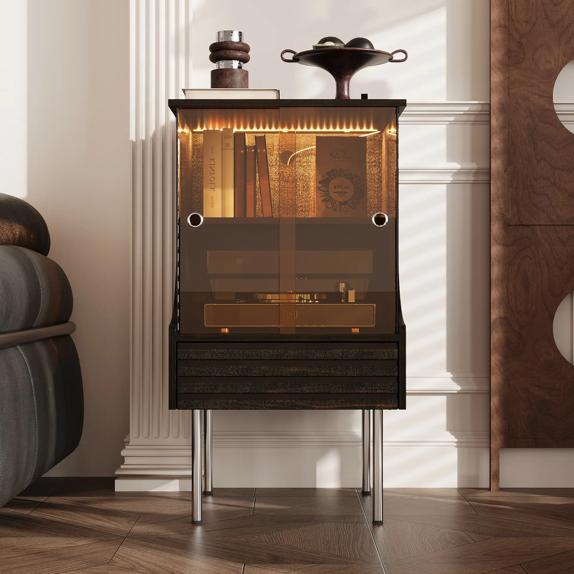 FUFU&GAGA Dark Wood Storage Cabinet with LED Lights, Mid-Century Display Cabinet with Drawer and Glass Doors for Entryway