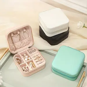 Portable Travel Jewelry Organizer Lightweight Box Container, Square Ring Earring Necklace Bracelet Storage Case with Zipper Closure, Perfect Gift for Friends Family