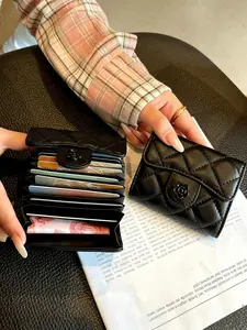 Mountain Tea Flower Rhombus Card Holder, Mini PU Wallet, Multiple Slots, Anti-Magnetic, Ladies' Bag, Couple Gift, All-Season Accessory, Fashionable Card Holder