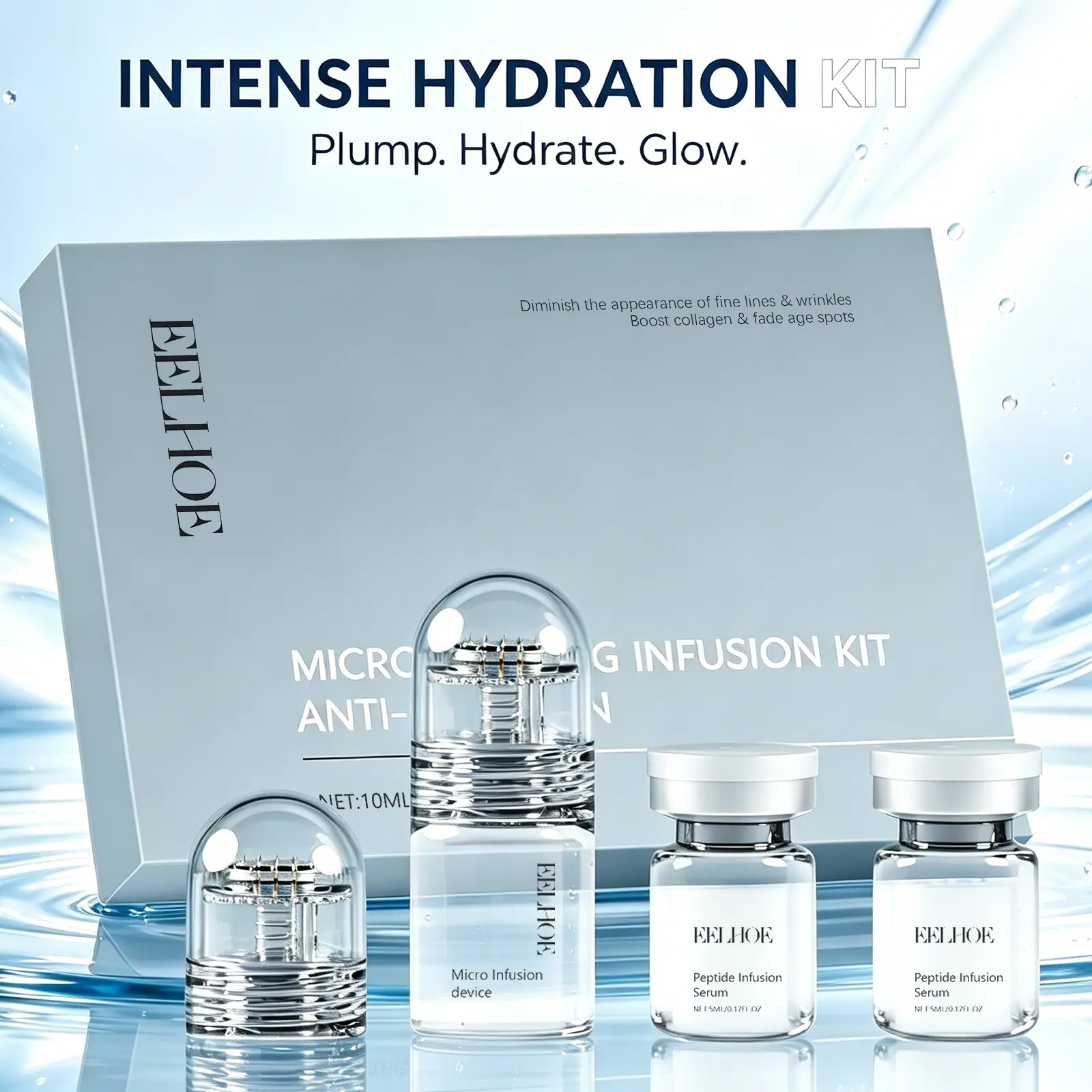Hyaluronic Acid Microneedling Set: Hydrates, moisturizes, and minimizes pores; treats acne and brightens skin tone. Microneedling roller for cleansing, firming, and refining pores; improves clogged pores, whiteheads, and blackheads. lift serum