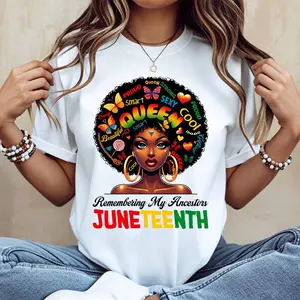 Afro Queen Remembering My Ancestors Juneteenth T-Shirt White Crew Neck Casual Wear For Everyday And Sports Activities