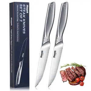 HUUSK 4.5" Japanese Stainless Steel Serrated Steak Knives Set of 2 Ultra-Sharp Dishwasher Safe Ergonomic Handle Gift Box for Kitchen Dining Table