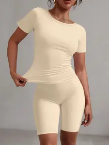 Women's Solid Color Crop Top & Shorts Set, Casual Comfy Fitted Round Neck Short Sleeve Tee & Skinny Shorts, Ladies Clothes for Everyday Wear, 2 Pieces Women Suits