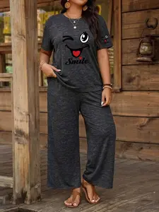 Plus Size Women's Two-Piece Set Womenswear, Line Pattern, Vintage Distressed Short Sleeve & Wide-Leg Pants, Summer Versatile Casual Home & Outdoor Wear