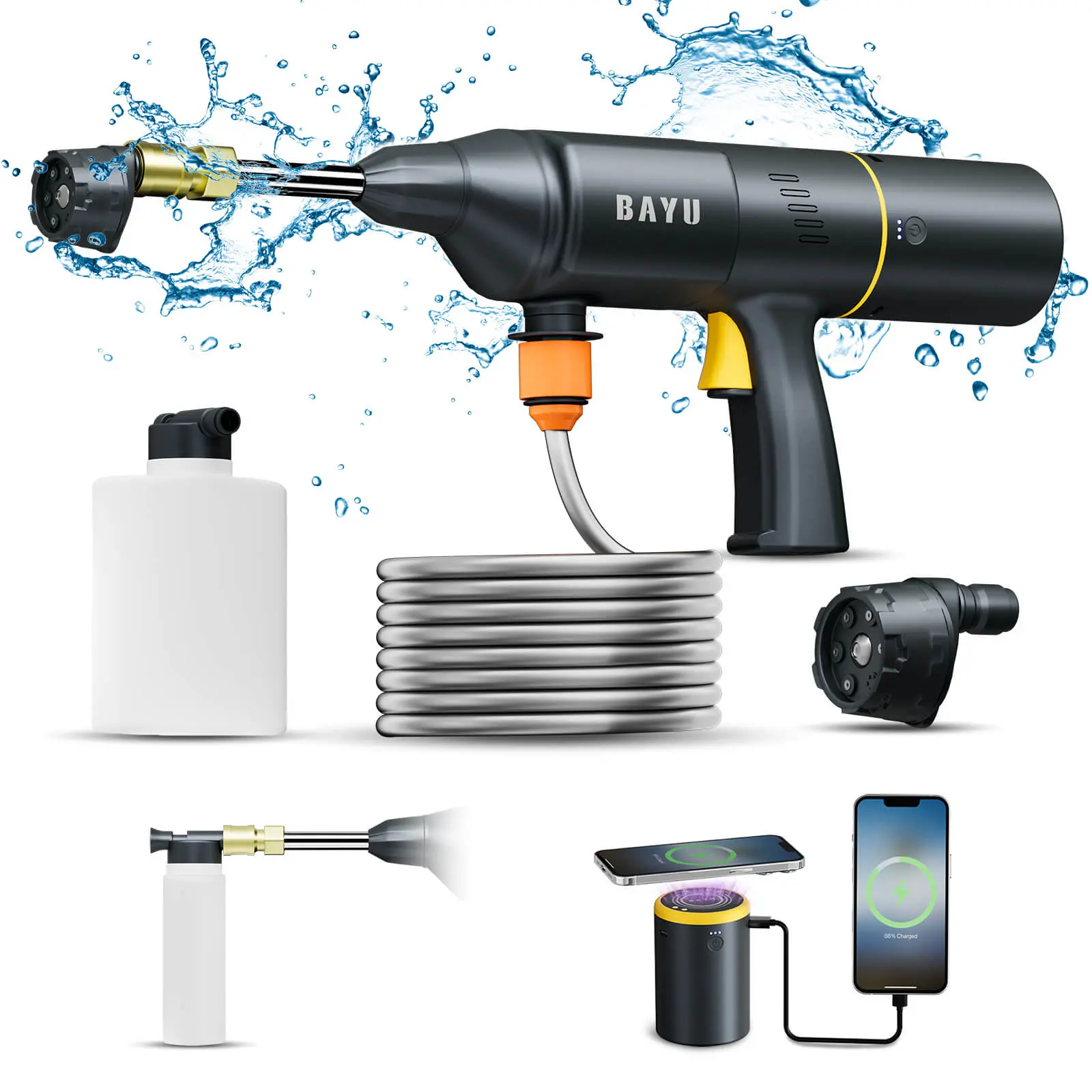 BAYU 2 in 1 Cordless Pressure Washer, 300PSI Portable Car Pressure Washer with 15000mAh Battery Capacity, Powerful Car Washer with 6-in-1 Nozzle, Cordless High Pressure Washer Gun, Handheld Pressure Washer for Car, Home, Garden