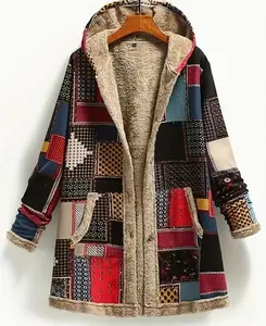 Retro Patchwork Hooded Jacket, Long Sleeve Button Up Casual Lightweight Outerwear For Fall & Winter, Women's Clothing