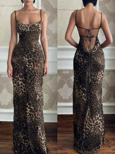 women's leopard print backless draped halter mermaid dress, slim fit chic sexy fashion sleeveless tie back maxi dress for party club dating wear, elegance women dress for summer, elegant dresses, birthday dresses 2024, dresses for women, womenswear