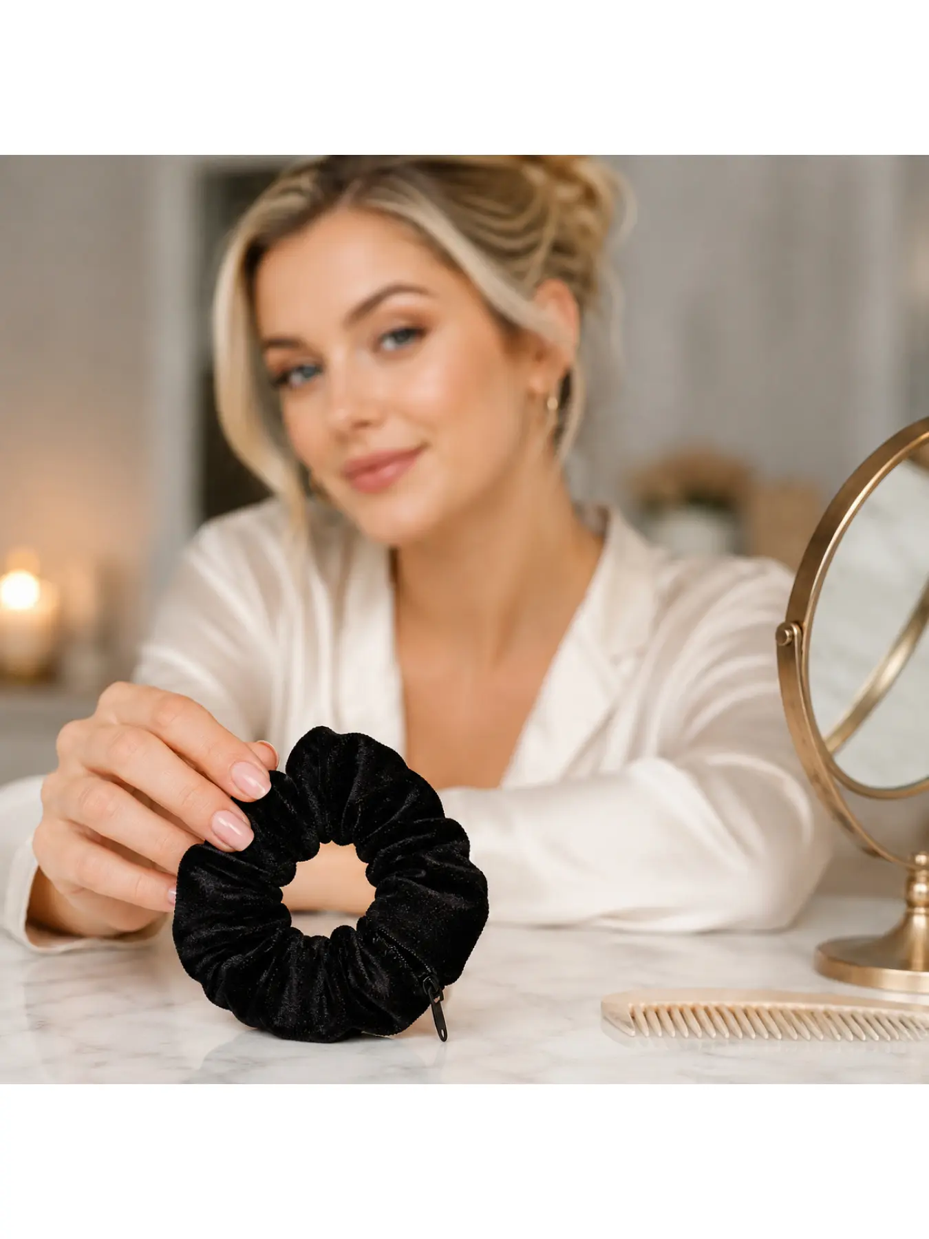 Elegant fabric hair ties with hidden pockets, featuring zipped elastic hair ties with secret compartments to store keys, cash, and lipstick. These portable, non-waterproof, and fashionable hair accessories serve as hair ties, ponytail holders, and hair ri