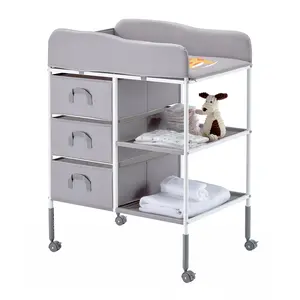 VEVOR Baby Changing Table, Portable Diaper Change Station with 3 Fabric Drawers and Lockable Wheels, Adjustable Height Multi-Functional Changing Station Table with Storage Organizer Nursery, Gray