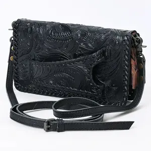 Western Tooled Leather Clutch Bag with Floral Carving and Premium Genuine Leather