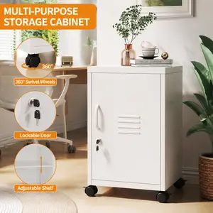 24.4" Rolling Metal Cabinet  Lockable | Adjustable Shelf | 4 Wheels | Compact Steel Storage for Office, Bedroom & Desk Side furniture organization