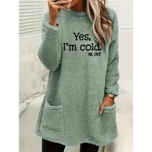 Women's Casual "Yes, I'm Cold" Letter Print Double-Sided Fleece Pullover - Comfortable Crew Neck Long Sleeve with Pocket, Machine Washable Autumn Winter Warm, Winter Sweater, Fun Text Design, Durable Comfortable