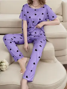 Two-Piece Heart Print Women's Pajama Set, Short Sleeve Long Pants, Soft Casual Comfortable Home Wear, Loose-Fitting All Seasons, Loungewear