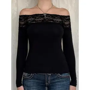 Women's Solid Contrast Lace Off Shoulder Tee, Fashion Casual Long Sleeve T-Shirt for Daily Outdoor Wear, Women's Clothing for Spring & Fall