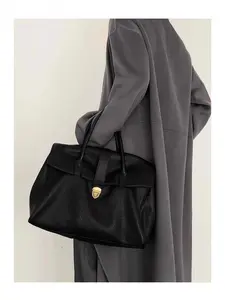 Women's Black Leather Tote Bag - Luxury Top-Handle Handbag with Gold Buckle, Large Capacity Shoulder Bag for Commute & Daily Use