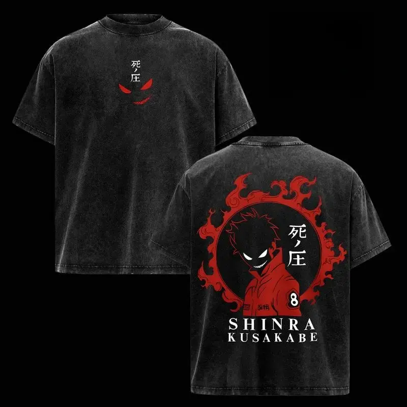 Shinra Kusakabe Fire Force Anime-Themed Double Sided Print Vintage Washed T-Shirt  Unisex Loose Fit  Anime & Manga Style Washed Cotton Tee  Exclusive Gift for Anime Fans  Graphic Print Top 90s Retro Acid-Washed Style  Suitable for Men & Women tiktokshopsp