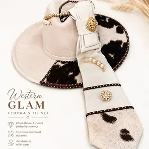 Western Glam 2-Piece Fedora & Tie Set, Cowhide Brim Hat, Rhinestone Pearl Accessories, Custom Statement Fashion Ensemble