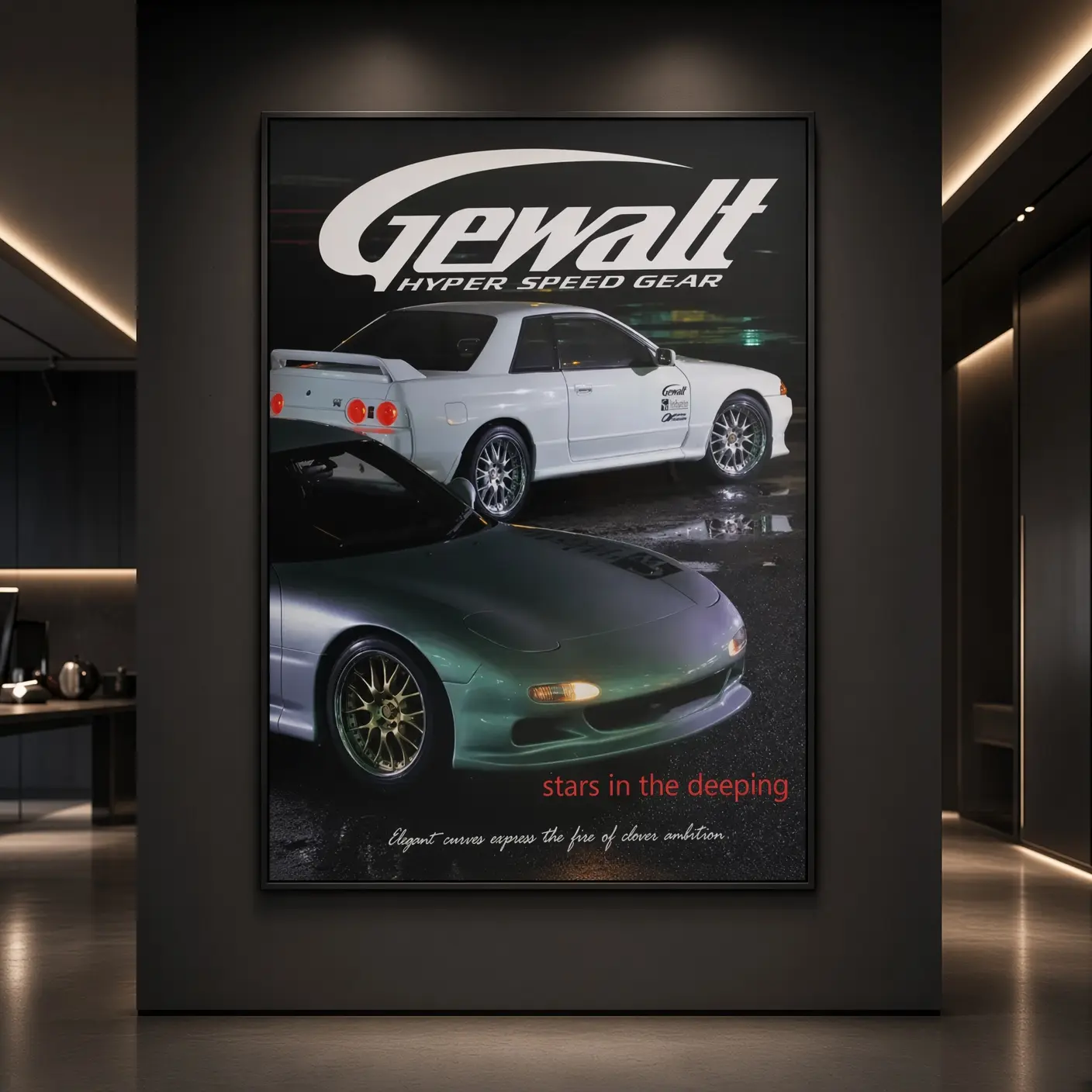 Gewalt Hyper Speed Gear Poster, Unframed JDM Racing Car Wall Art Print with White Sports Cars and Night Street Scene, Retro Tuner Garage Poster for Bedroom Dorm Apartment Man Cave Game Room Decor, Gift for Car Lovers