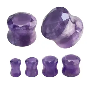 Amethyst Stone Double Flare Faceted Cut Ear Gauges Plugs Expanders Piercing Jewelry - Sold as Pair