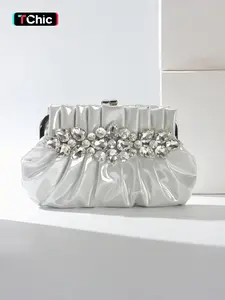 Gorgeous rhinestone ladies evening bag, shiny PU clutch wallet, metal short chain handbag, with long shoulder chain can be shoulder crossbody bag, snap closure, suitable for weddings, parties, formal occasions