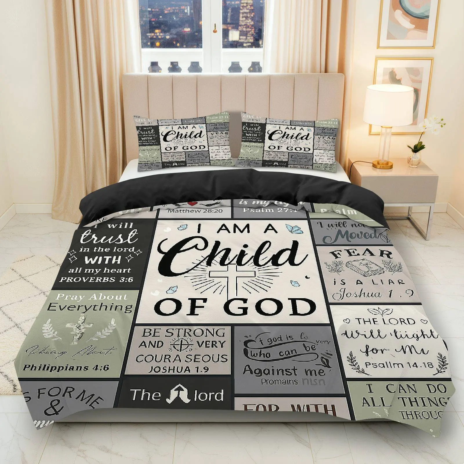 3PCS Duvet Cover Set, 1 Duvet+2 Pillowcases(Without filler), Bible Verse Faith Inspirational Religious Spiritual theme, Easter bedding set, Christian Motivational Bedding Suitable for decoration bedroom, living room, guest room, hotel.