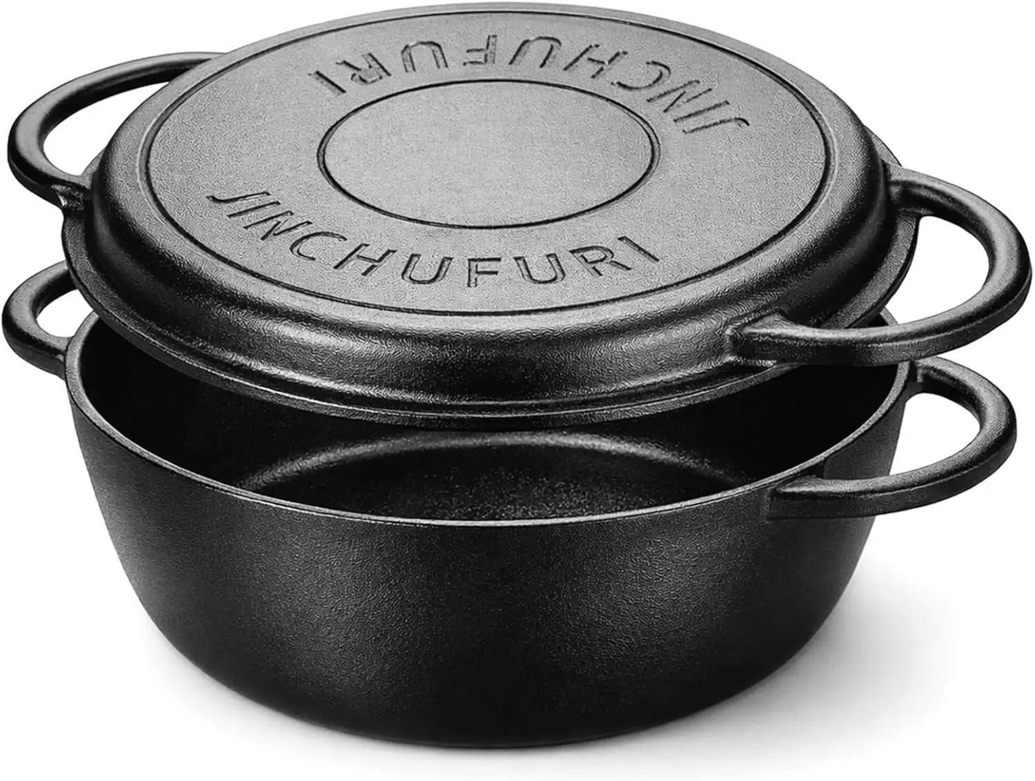 JINCHUFURI Pre-Seasoned Cast Iron Dutch Oven with Skillet Lid - 3.5QT 2-in-1 Heavy Duty Iron Pots with Dual Handles for Easy Lifting, Oven Safe Pots for Family Meals, Bread Baking, Multi-Cookware Pots