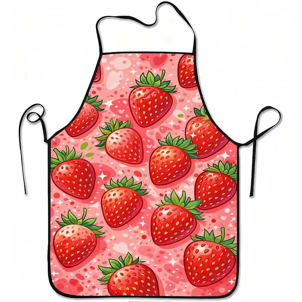 1-piece charming strawberry pattern apron, Kitchen cooking apron, sturdy, durable, easy to maintain, adjustable waist, made of polyester, suitable for cooking, gardening, fruit picking, holiday activities, on sale