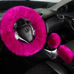 Fuzzy Genuine Sheepskin Steering Wheel Cover Set for Women Parents-uffy Soft Australian Merino  Wrap with Gear Shift and Hand  Covers, Cozy Stylish Luxury  Accessories (Hot )