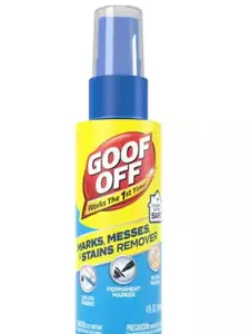 Goof Off 4 fl. oz. Marks, Messes and Stains Remover Spray, Heavy Duty Remover, Stain Remover Spray for Ink, Marker, and Lipstick on Fabric and Plastic, Safe for Clothing, Easy Spray and Wipe Formula for Tough Kids Messes and Scuff Marks