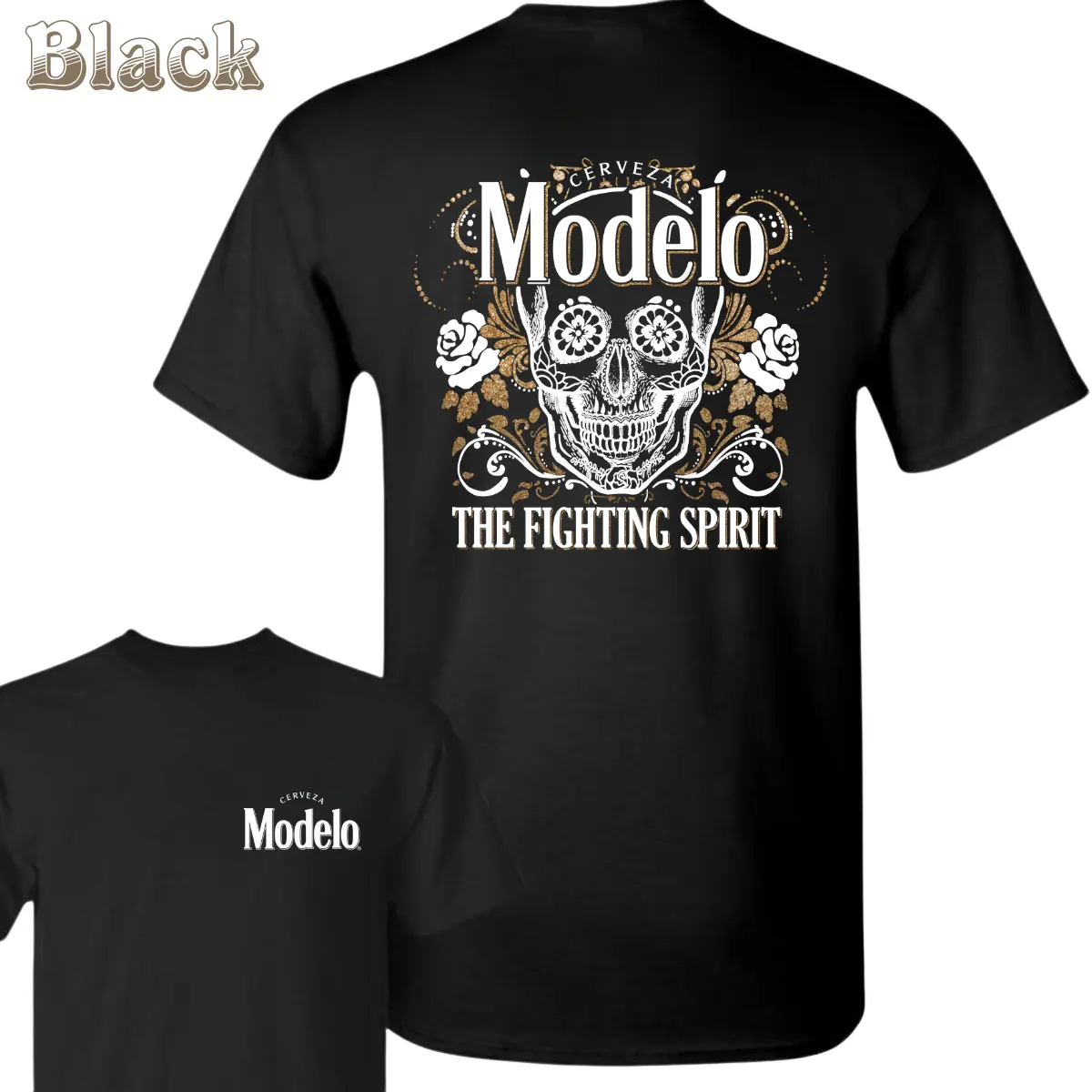 180g[100%cotton]Modelo Fighting Spirit T-Shirt - Sugar Skull Design With Floral Day Of The Dead Vibe , Bold Latin Graphic Tee , Cultural Heritage Style , Gift For Beer Fans , Casual Streetwear , Mexican Pride Look Classic Unisex