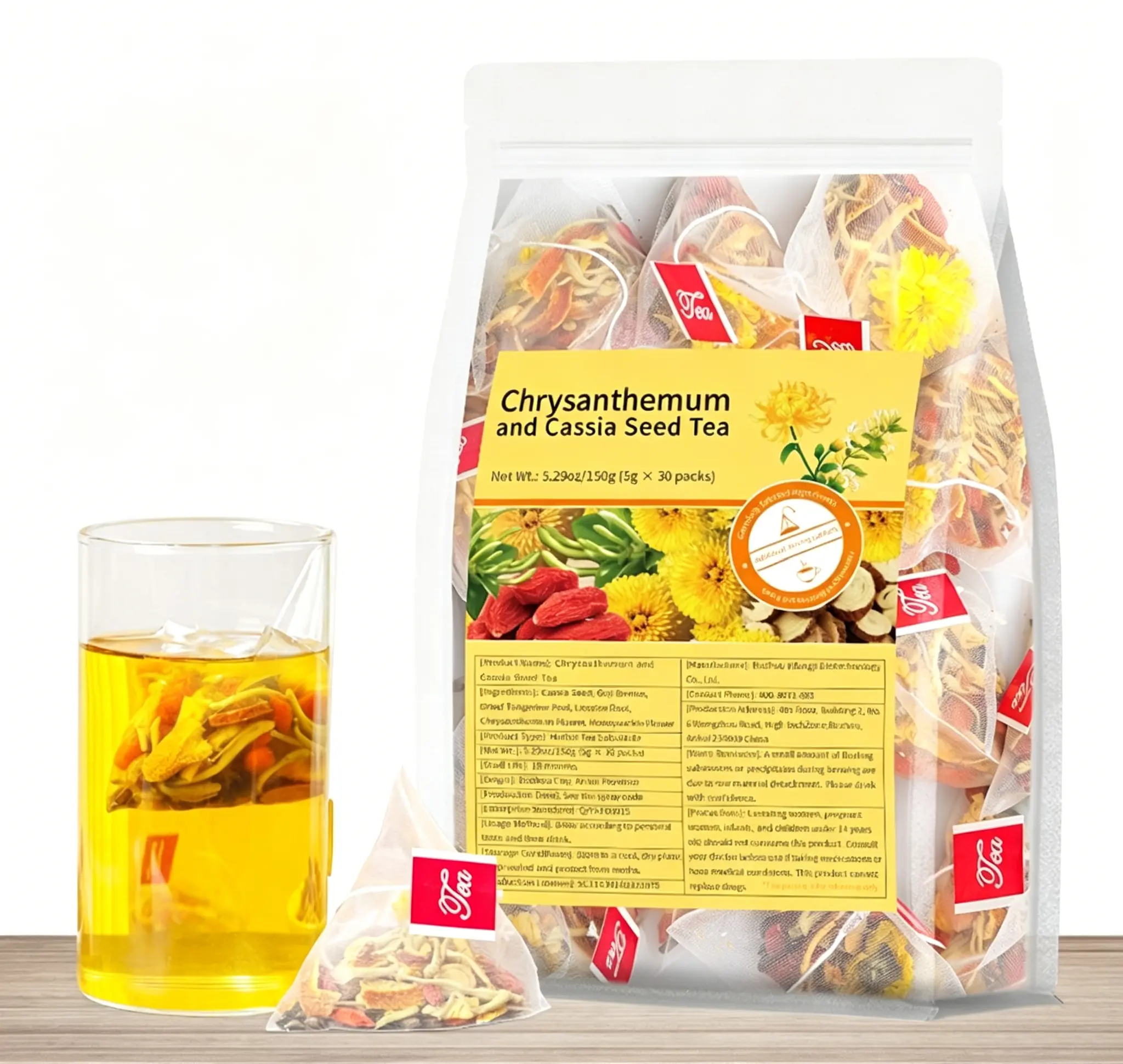Chrysanthemum and Cassia Seed Tea Bags, Natural Herbal Eye Care Tea with Goji Berry, Honeysuckle, Dried Tangerine Peel & Licorice Root, Caffeine Free Daily Wellness Tea for Screen Workers